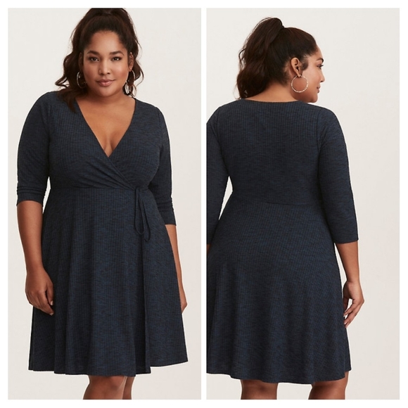 Torrid TEAL RIBBED KNIT FAUX WRAP DRESS - Picture 2 of 7
